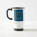 50th Birthday 1971 Blue Gold For Her Personalised Travel Mug<br><div class="desc">A personalised classic design for that birthday celebration for a special woman born in 1971. Add the name to this vintage retro style , white and gold design for a custom birthday gift. Easily edit the name and year with the template provided. A wonderful custom birthday gift. More gifts and...</div>