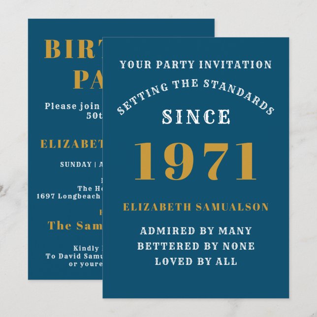50th Birthday 1971 Blue Gold Personalised For Her Invitation (Front/Back)