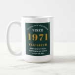 50th Birthday 1971 Green Gold For Her Personalised Coffee Mug<br><div class="desc">A personalised classic design for that birthday celebration for a special woman born in 1971. Add the name to this vintage retro style , white and gold design for a custom birthday gift. Easily edit the name and year with the template provided. A wonderful custom birthday gift. More gifts and...</div>