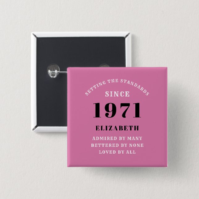 50th Birthday 1971 Pink Black For Her Personalised 15 Cm Square Badge (Front & Back)