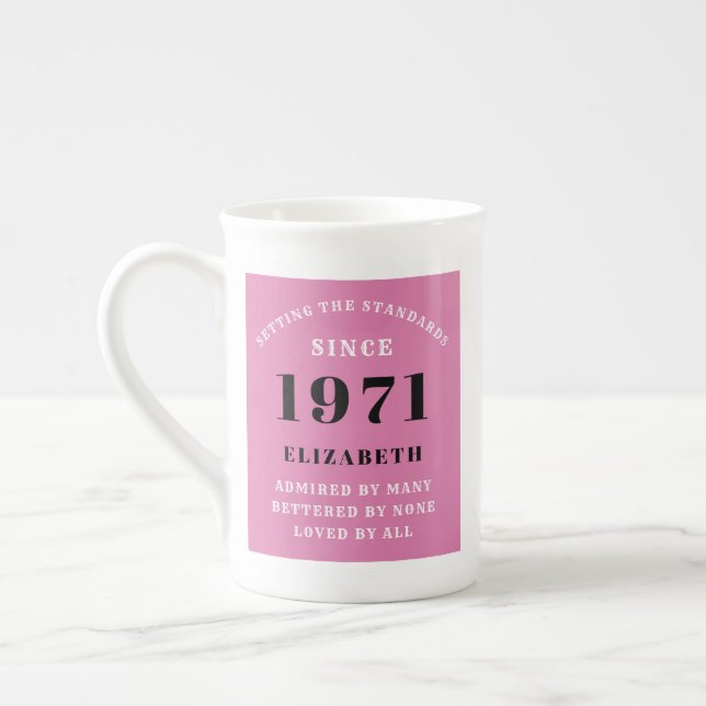 50th Birthday 1971 Pink Black For Her Personalised Bone China Mug (Left)