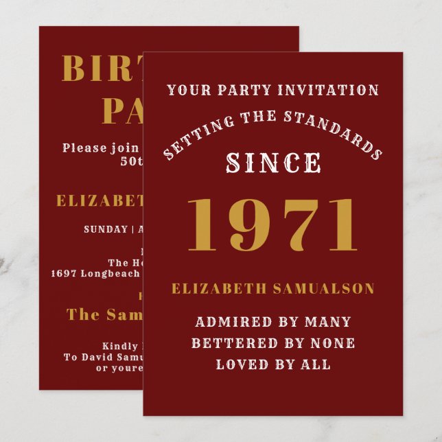 50th Birthday 1971 Red Gold Personalised For Her Invitation (Front/Back)