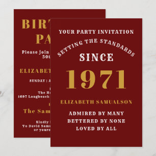 50th Birthday 1971 Red Gold Personalised For Her Invitation