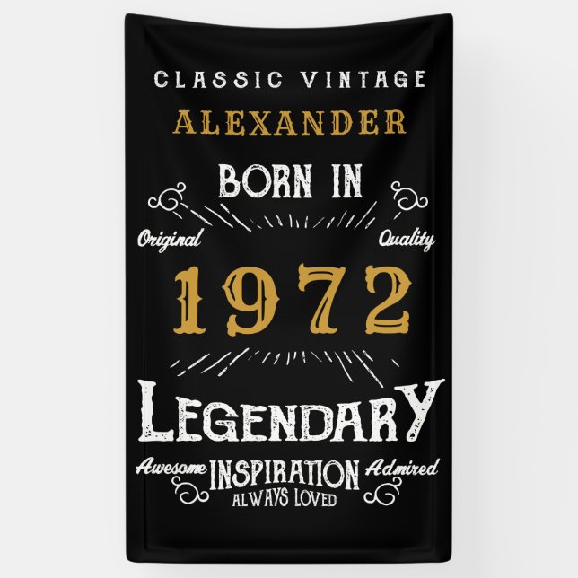 50th Birthday 1972 Add Name Black Gold Legendary Banner (Vertical)