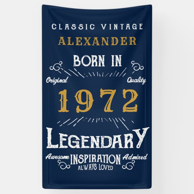 50th Birthday 1972 Add Name Blue Gold Legendary Banner (Vertical)