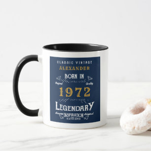 50th Birthday 1972 Add Name Retro Blue Gold Mug