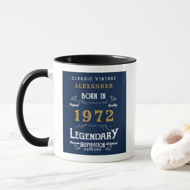 50th Birthday 1972 Add Name Retro Blue Gold Mug (With Donut)