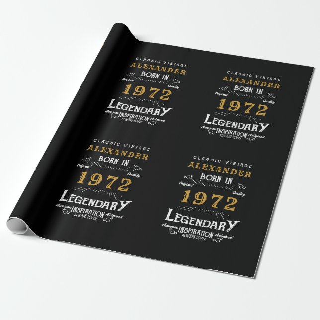 50th Birthday 1972 Black Gold Add Name Legendary Wrapping Paper (Unrolled)
