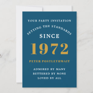 50th Birthday 1972 Blue Gold Elegant Chic Invitation