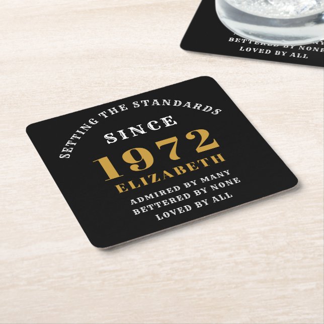 50th Birthday 1972 Elegant Black Gold Chic Square Paper Coaster (Angled)