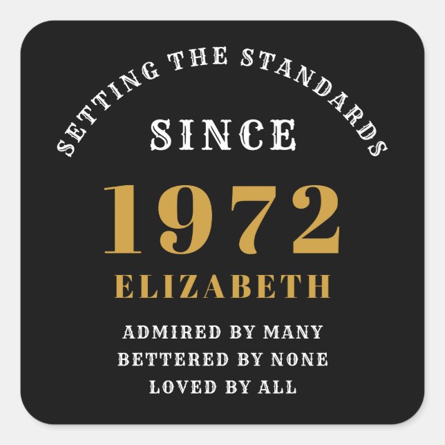 50th Birthday 1972 Elegant Black Gold Chic Square Sticker (Front)