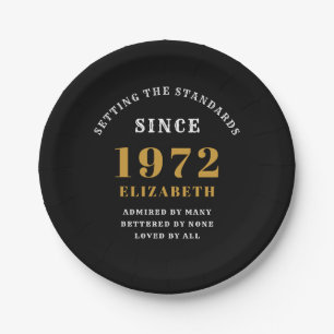 50th Birthday 1972 Elegant Chic Gold Black Paper Plate