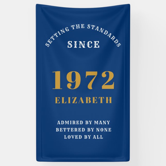 50th Birthday 1972 Elegant Chic Gold Blue Banner (Vertical)