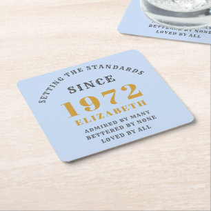 50th Birthday 1972 Elegant Gold Blue Grey Square Paper Coaster