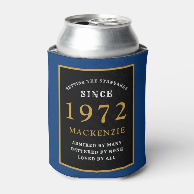 50th Birthday 1972 Name Elegant Blue Black Gold  Can Cooler (Can Front)