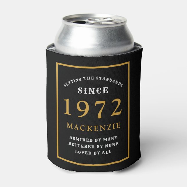 50th Birthday 1972 Name Elegant Chic Black Gold Can Cooler (Can Front)