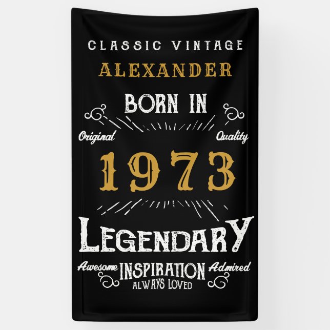 50th Birthday 1973 Add Name Black Gold Legendary Banner (Vertical)