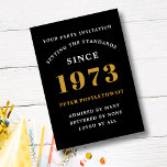 50th Birthday 1973 Black Gold Add Name Year Invitation<br><div class="desc">For those celebrating their birthday we have the ideal birthday party invitation card. The elegant background with a gold design is simple and chic. Easily customise the text to the front and the rear of this birthday invitation card using the template provided. Part of the setting standards range of cards,...</div>