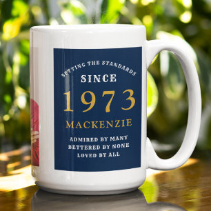 50th Birthday 1973 Blue Gold Add Name Photo Large Coffee Mug