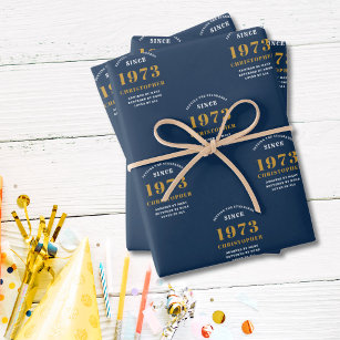 50th Birthday 1973 Blue Gold Add Name Wrapping Paper Sheet