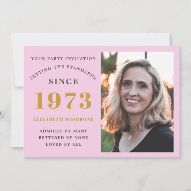 50th Birthday 1973 Name Photo Pink Grey Invitation (Front)