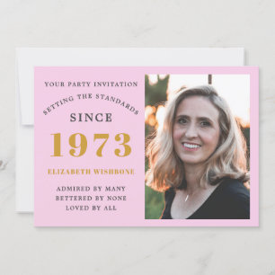50th Birthday 1973 Name Photo Pink Grey Invitation
