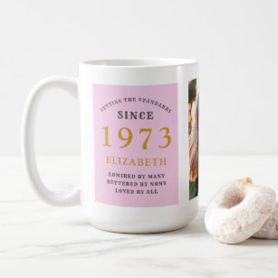 50th Birthday 1973 Pink Grey Add Name Photo Large Coffee Mug