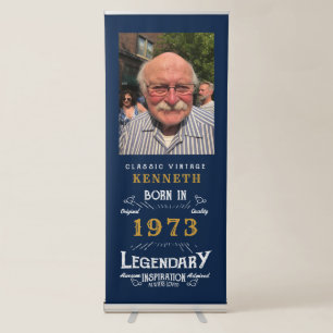 50th Birthday 1973 Vintage Blue Gold Name Photo Retractable Banner