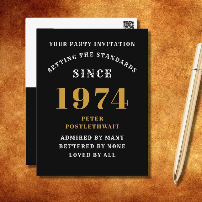 50th Birthday 1974 Black Gold Invitation Postcard (Elegant Black and Gold 50th Birthday Invitation - Create Your Own Personalized Design. )