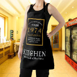 50th Birthday 1974 Name Elegant Black Gold Chic Apron<br><div class="desc">Elegant Black & Gold Chic Apron - 50th Birthday 1974 Name Personalised Kitchen & BBQ Essentials. Celebrate a fabulous birthday with style and practicality! This Elegant Black & Gold Chic Apron, personalised for those born in 1974, is the perfect accessory for the culinary enthusiast in your life. Its eye-catching design,...</div>
