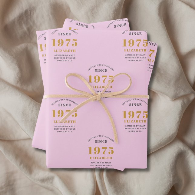 50th Birthday 1975 Add Name Pink Grey Wrapping Paper Sheet (50th birthday personalized pink wrapping paper.)