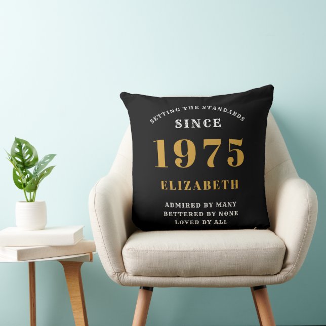50th Birthday 1975 Black Gold lady's Personalised Cushion (Chair)