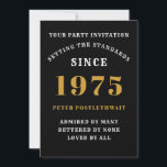50th Birthday 1975 Black Gold Personalised For Him Invitation<br><div class="desc">For those born in 1975 and celebrating their 50th birthday party we have the ideal birthday invitation card. The black background with a white and gold design is simple and yet elegant. Easily customise the text to the front and the rear of this birthday invitation card using the template provided....</div>
