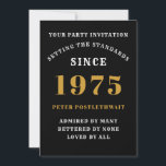 50th Birthday 1975 Black Gold Personalised For Him Invitation<br><div class="desc">For those born in 1975 and celebrating their 50th birthday party we have the ideal birthday invitation card. The black background with a white and gold design is simple and yet elegant. Easily customise the text to the front and the rear of this birthday invitation card using the template provided....</div>