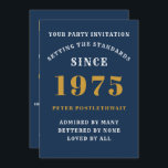 50th Birthday 1975 Blue Gold Personalised For Him Invitation<br><div class="desc">For those born in 1975 and celebrating their 50th birthday party we have the ideal birthday invitation card. The blue background with a white and gold design is simple and yet elegant. Easily customise the text to the front and the rear of this birthday invitation card using the template provided....</div>