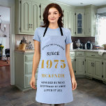 50th Birthday 1975 Name Chic Elegant Blue Apron<br><div class="desc">Elegant blue chic apron - 50th Birthday 1975 Name Personalised Kitchen & BBQ Essentials. Celebrate a fabulous birthday with style and practicality! This elegant chic apron is the perfect accessory for the culinary enthusiast in your life. Its eye-catching design, enhanced with a touch of class, adds a charming vibe to...</div>
