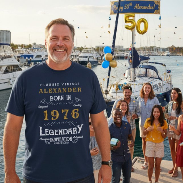 50th Birthday 1976 Add Name Blue Gold Legendary T-Shirt (Blue birthday tshirt with a boat and marina in the background.)