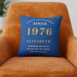 50th Birthday 1976 Add Name Blue Gold Personalized Cushion<br><div class="desc">Celebrate a remarkable milestone with this elegant and modern Personalized 50th Birthday Throw Pillow, the perfect gift for someone born in 1976 This custom accent pillow features the striking, bold text "BORN 1976", for that person loved for 50 years (and counting)" and allows you to add a custom name (e.g.,...</div>