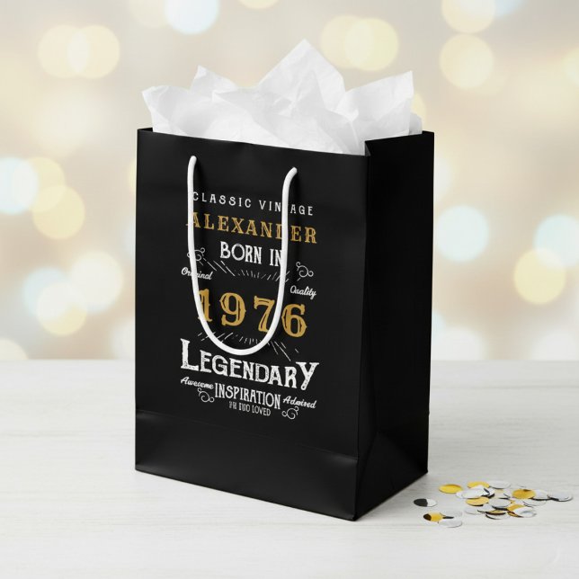 50th Birthday 1976 Add Name Legend Black Gold Medium Gift Bag (Born 1976 birthday gift bag. Background out of focus.)