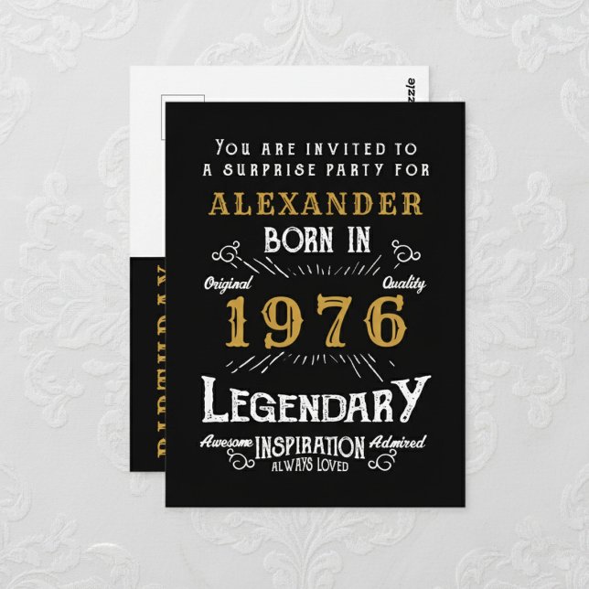 50th Birthday 1976 Black Gold Legend Invitation Postcard (1976 birthday invitation postcard. Background white lace.)