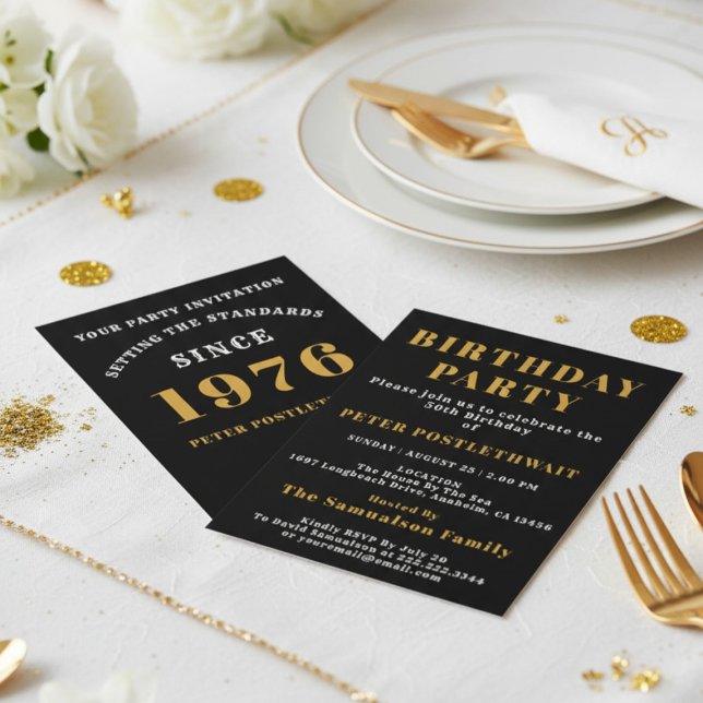 50th Birthday 1976 Black Gold Personalised For Him Invitation (1976 invitation. White background.)