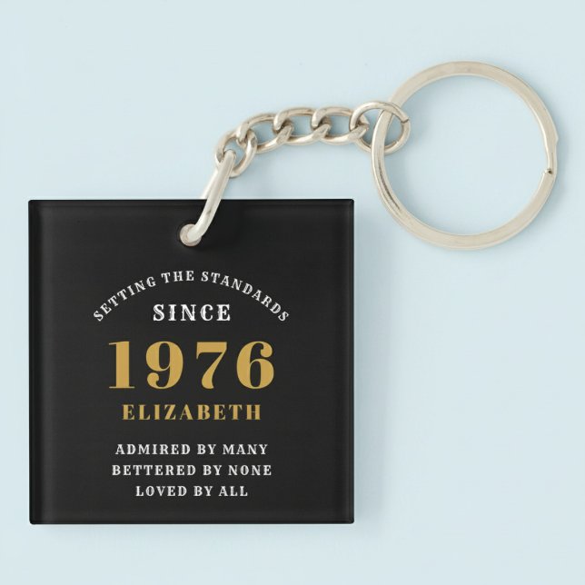 50th Birthday 1976 Black Gold Personalized Key Ring (Born 1976 birthday keychain. Pastel background.)
