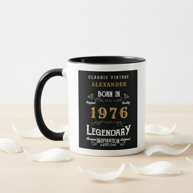 50th Birthday 1976 Legend Retro Black Personalized Mug (Born 1976 birthday gift mug. White background, wood table, flower petals.)