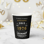 50th Birthday 1976 Legendary Retro Paper Cups<br><div class="desc">For those born in 1976 and celebrating their 50th birthday we have the ideal birthday paper cups. The black background with a white and gold vintage typography design design is simple and yet elegant with a retro feel. Easily customize the text of this birthday gift using the template provided. More...</div>