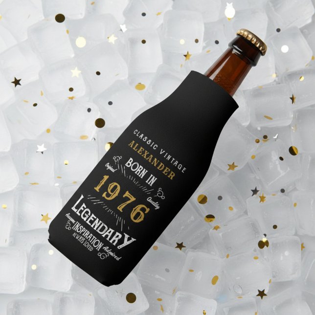 50th Birthday 1976 Name Legend Chic Black Gold Bottle Cooler (Born 1976 bottle cooler on ice.)