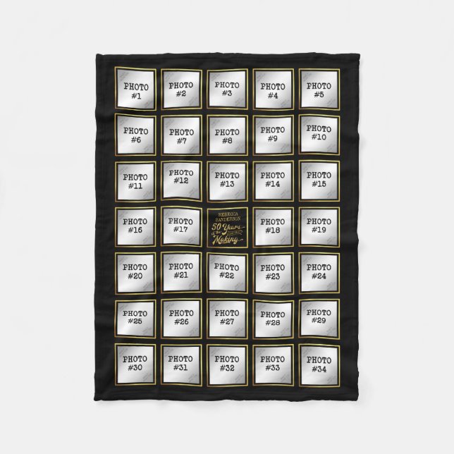 50th Birthday 34 Photo Collage, Gold Frames Fleece Blanket (Front)