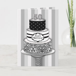 50th Birthday, 3 Tier Black/White Pattern Cake Card