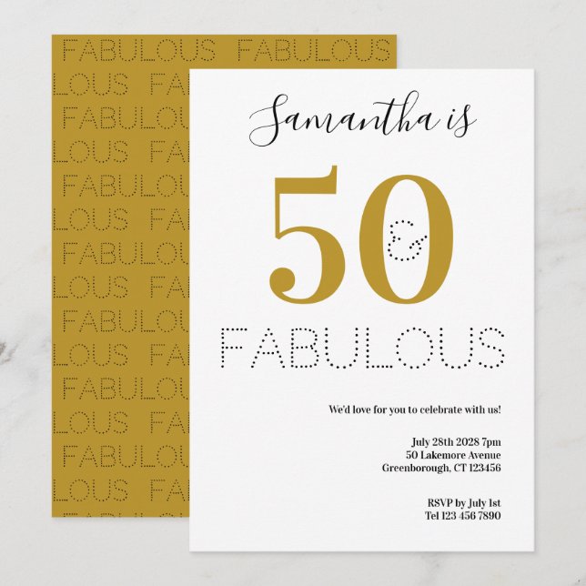 50th Birthday 50 and Fab Typography Gold Party Invitation (Front/Back)