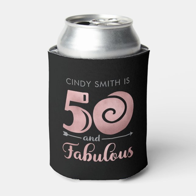 50th Birthday - 50 and Fabulous Black & Rose Gold Can Cooler (Can Front)