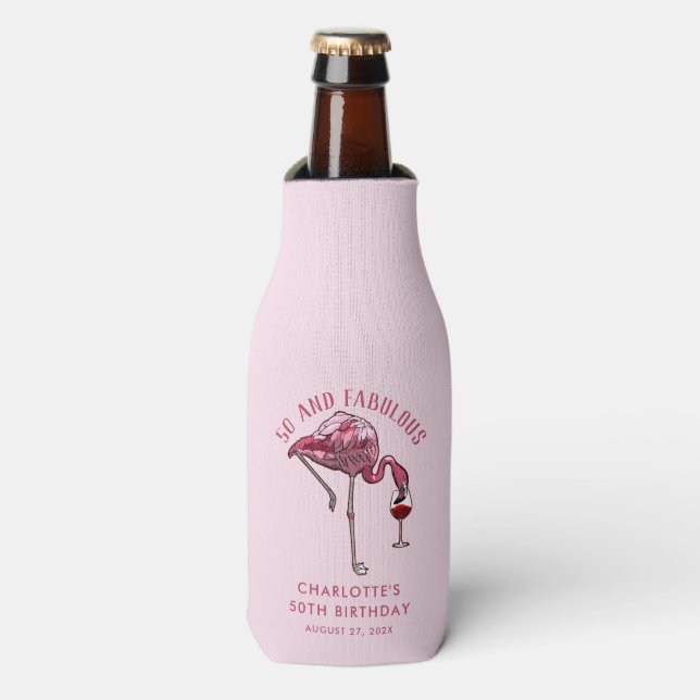50th Birthday 50 and Fabulous Flamingo Custom Bottle Cooler (Bottle Front)